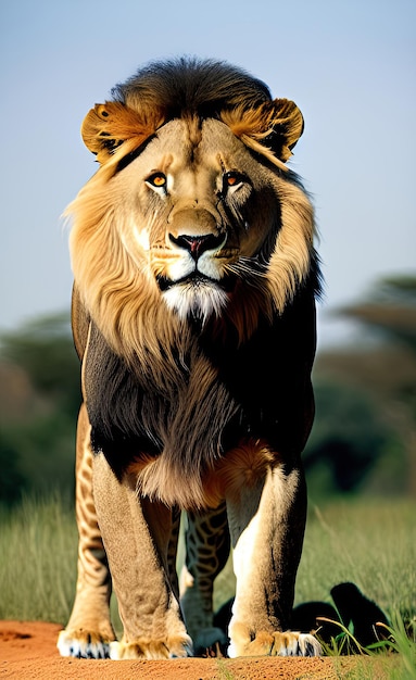 Um leão andando na grama