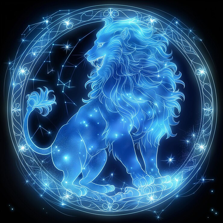 Foto um leão azul com uma estrela e a palavra leão nele