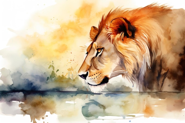 Um leão bebendo de um rio ao pôr do sol pintura em aquarela belas formas naturais formas limpas nítidas fundo branco colorido gerar ai