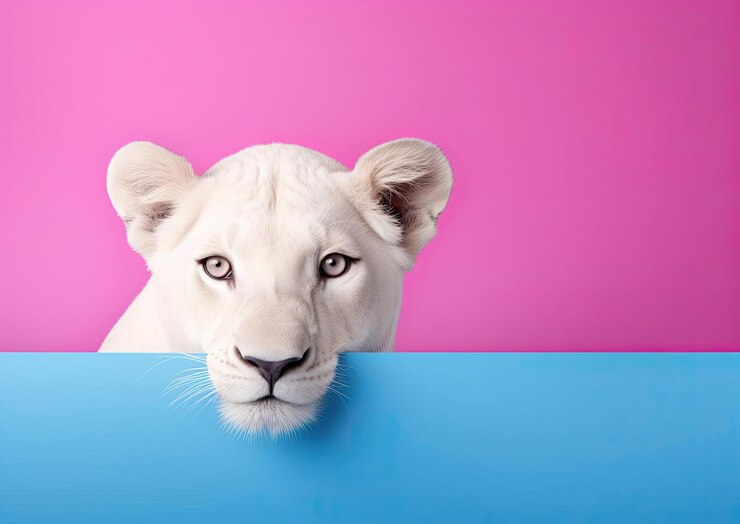 Foto um leão branco espreitando sobre uma borda azul de um fundo rosa