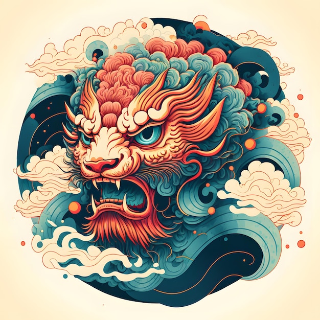 Um leão chinês com um símbolo chinês em seu rosto