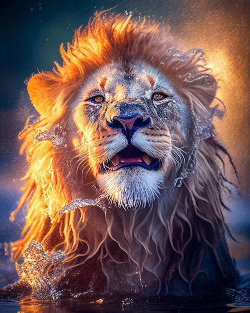 Um leão com água espirra em sua juba
