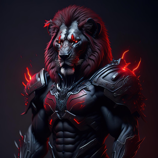 Um leão com rosto vermelho e juba preta está em frente a um fundo escuro.
