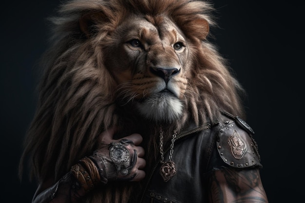 Um leão com tatuagens no braço
