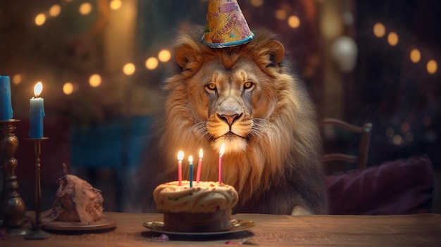 Um leão com um chapéu de festa e um bolo com velas