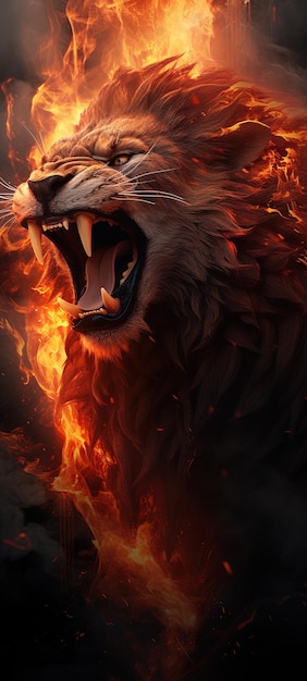 Foto um leão com um lobo em chamas ao fundo