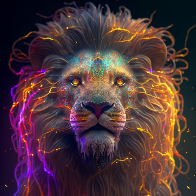 Um leão com um rosto brilhante e um fundo preto.