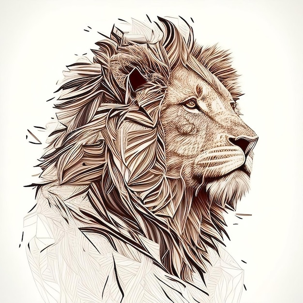 Um leão com uma juba e penas nele