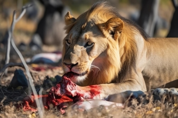 Um leão comendo uma carcaça de carne.