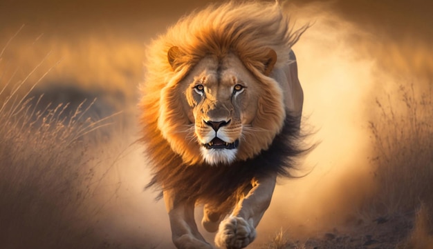 Um leão correndo pelo deserto