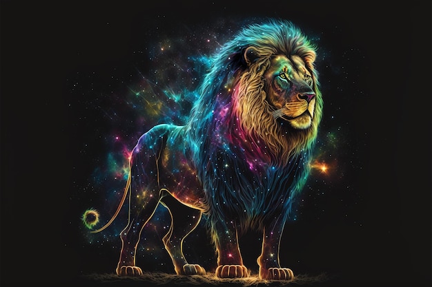 Um leão de cores vivas parado no meio de um campo generativo ai