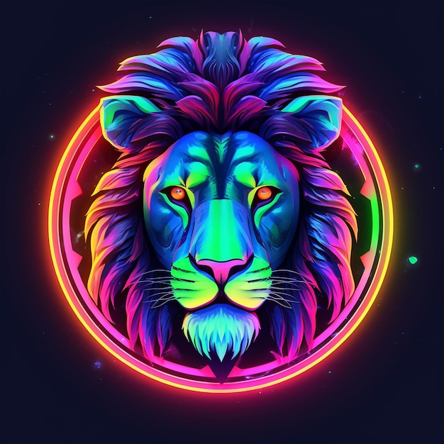 Foto um leão de néon está num círculo com um fundo preto.