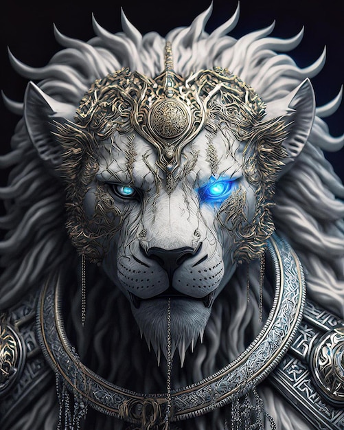 Um leão de olhos azuis e juba prateada e um leão branco de olhos azuis e uma corrente prateada em volta da cabeça.