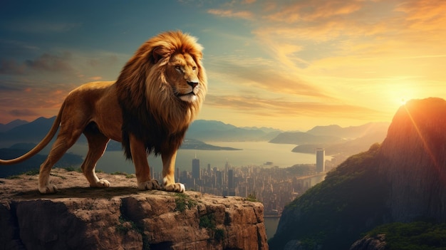 Foto um leão de pé no topo de um penhasco tirando fotos da bela paisagem hyper real hd 4k
