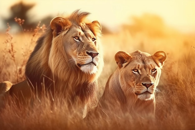 Um leão e uma leoa na savana gerados pela IA