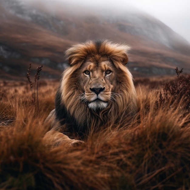 Um leão em um campo de grama