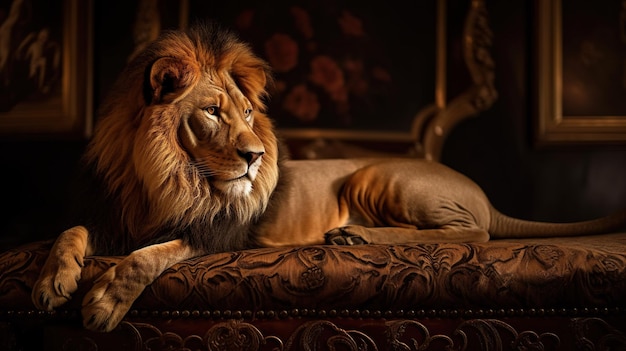 Um leão em um sofá com fundo escuro