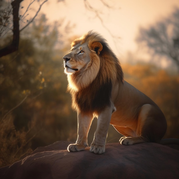 Um leão em uma rocha com o sol brilhando sobre ele