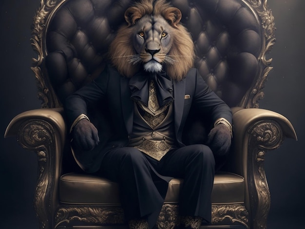 Um leão escuro e glamuroso com um fato caro o rei do chefe está sentado numa cadeira de luxo
