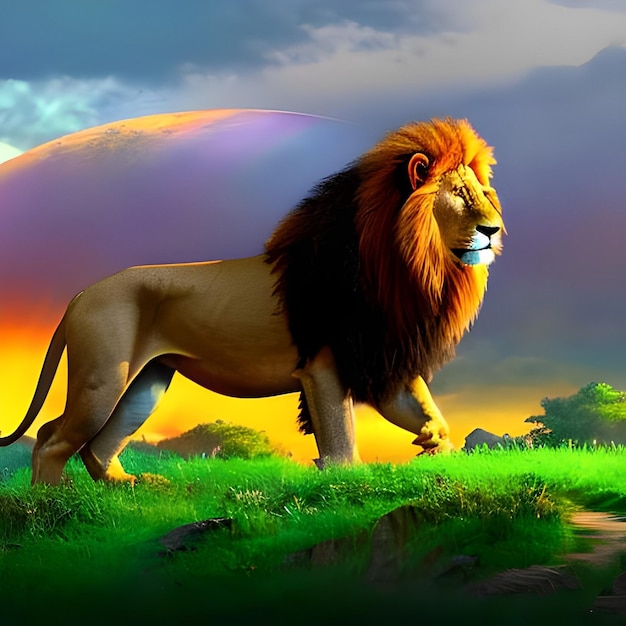 Um leão está andando na grama com um arco-íris atrás dele.