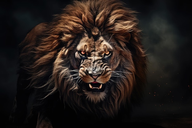 Um leão grande e poderoso com cabelo brilhante e olhos ferozes.