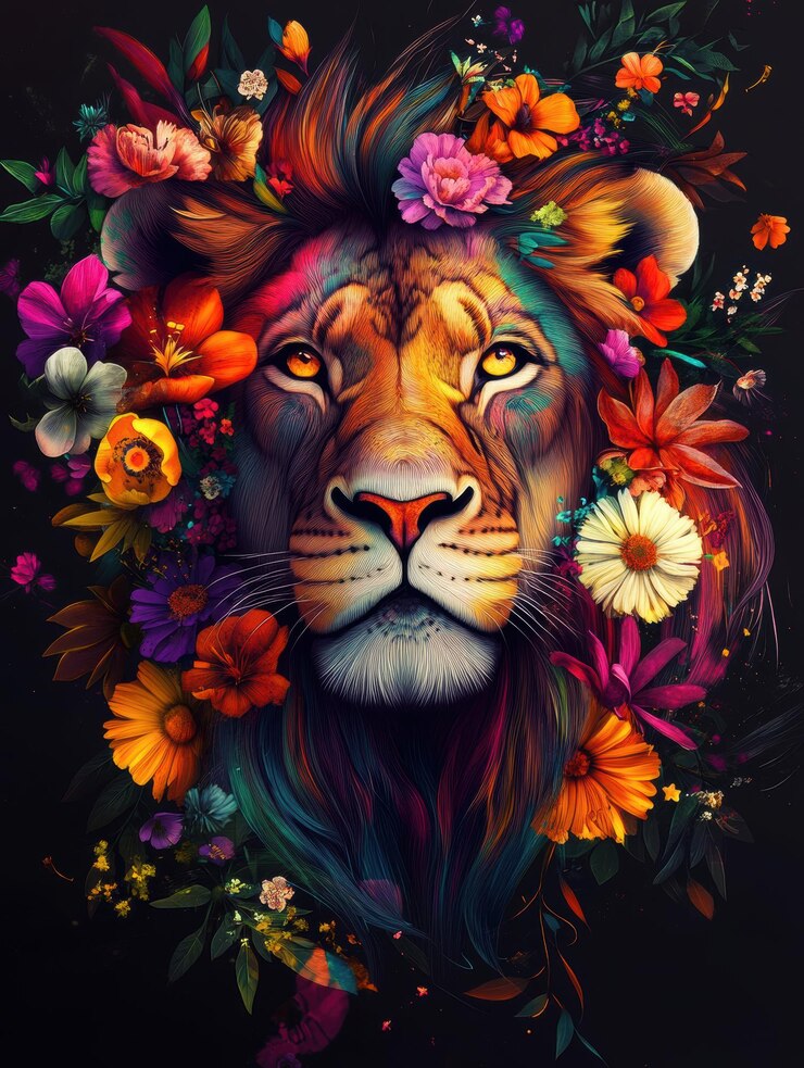 Um leão majestoso com uma coroa de flores vibrantes 1