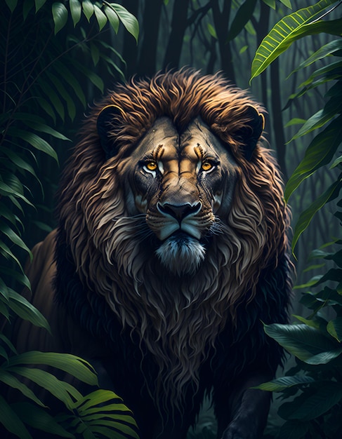 Um leão na selva com um olho azul