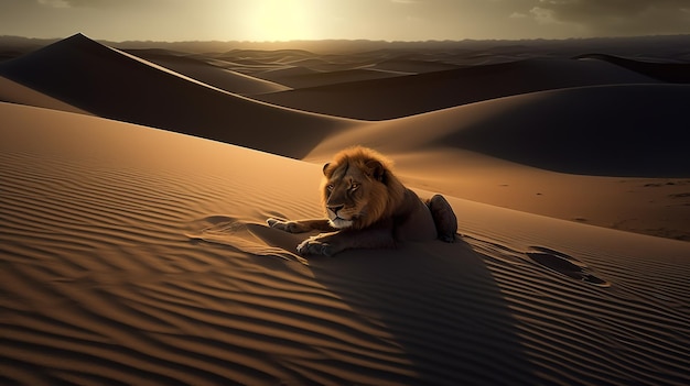 Foto um leão no deserto ao pôr do sol