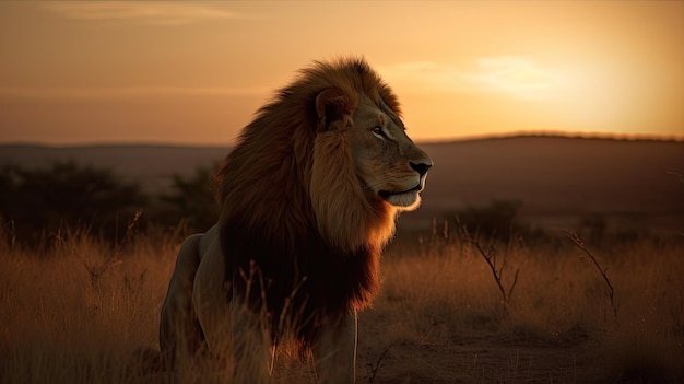Um leão no pôr do sol