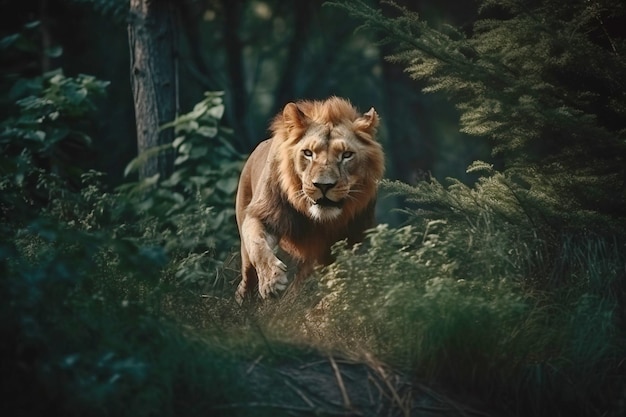 Um leão predador salta para fora da selva verde close-up carnívoro caçador de animais selvagens AI gerado