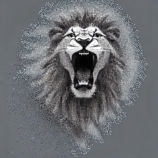 Foto um leão rugindo é composto de partículas em fundo cinzento fundo animal vetor abstrato