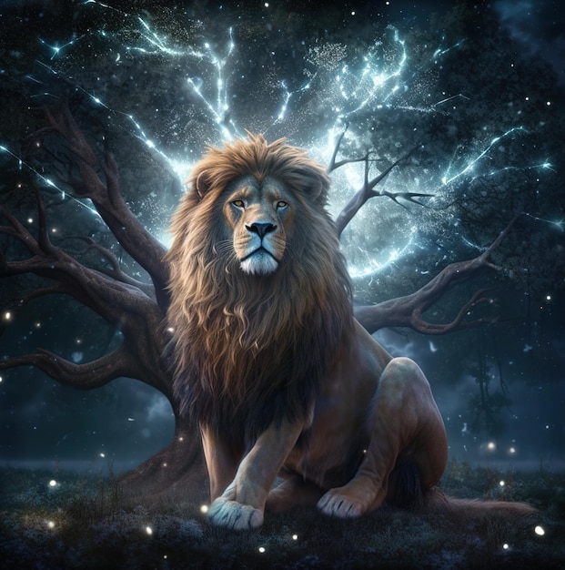 Um leão senta-se em frente a uma árvore com céu brilhante