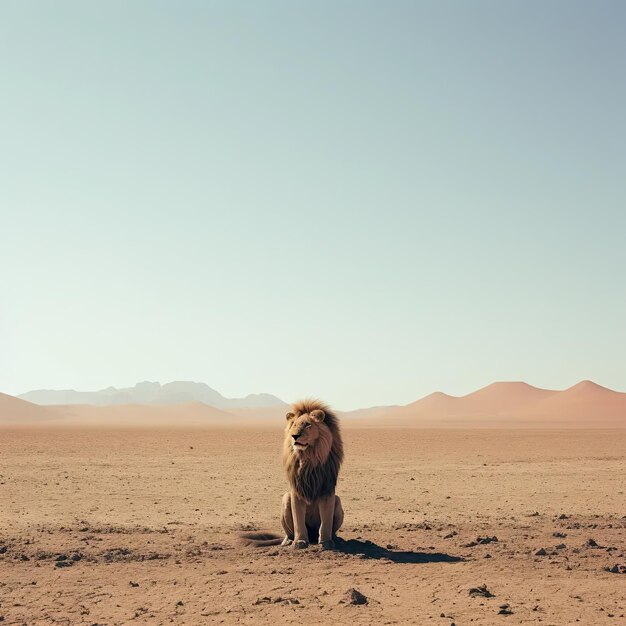 Foto um leão sentado no meio de um deserto