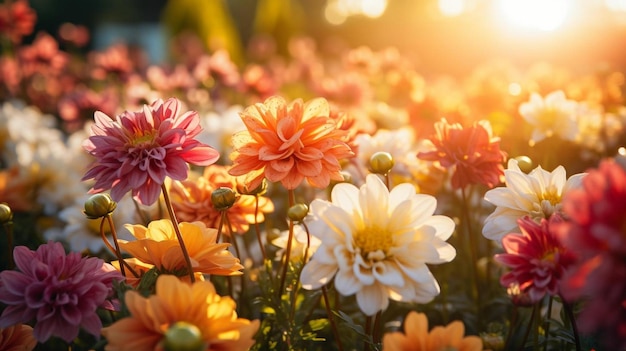 um leito de flores com um pôr-do-sol no fundo