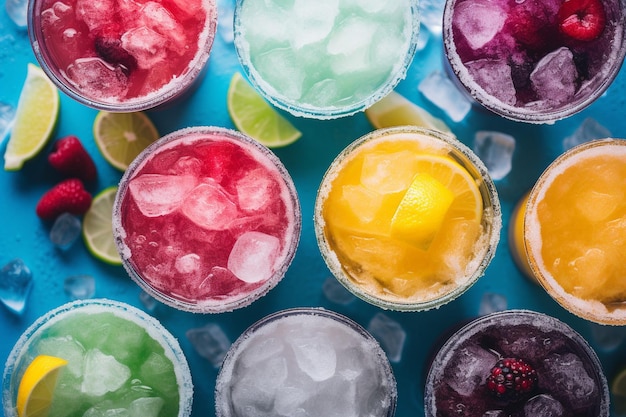 Foto um leito plano de uma seleção de cafés gelados com xaropes aromatizados