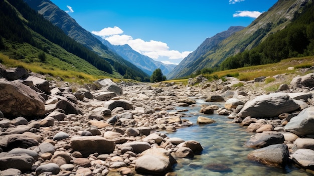 Um leito rochoso de um rio num deserto montanhoso