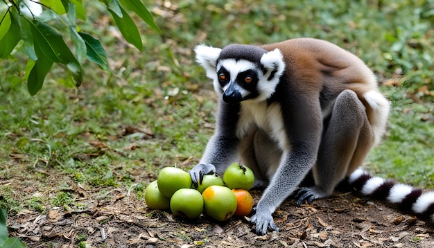 Foto um lémur está de pé ao lado de algumas frutas e algumas maçãs