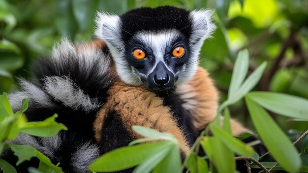 Foto um lémur preto e branco com olhos laranjas senta-se numa árvore