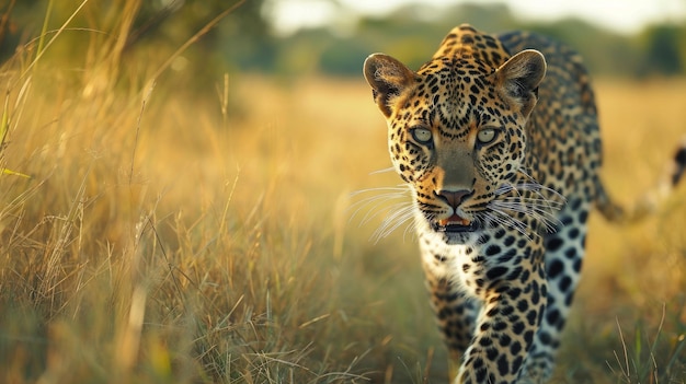 Foto um leopardo a caminhar na floresta de grama