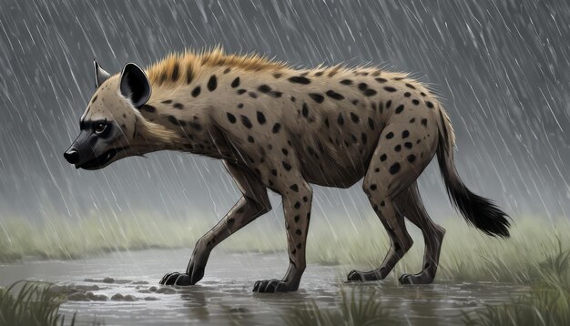 Foto um leopardo caminhando por um campo encharcado de chuva