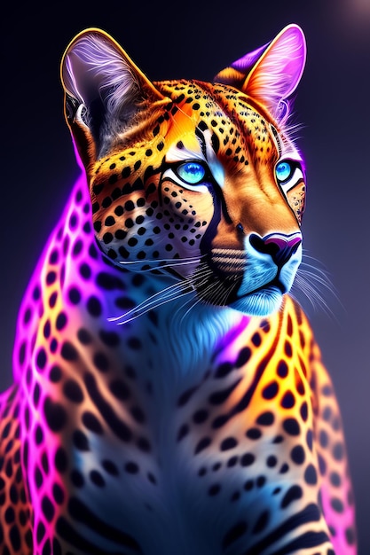 Um leopardo colorido com olhos azuis é mostrado.