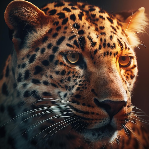 Um leopardo com fundo preto e olhos amarelos