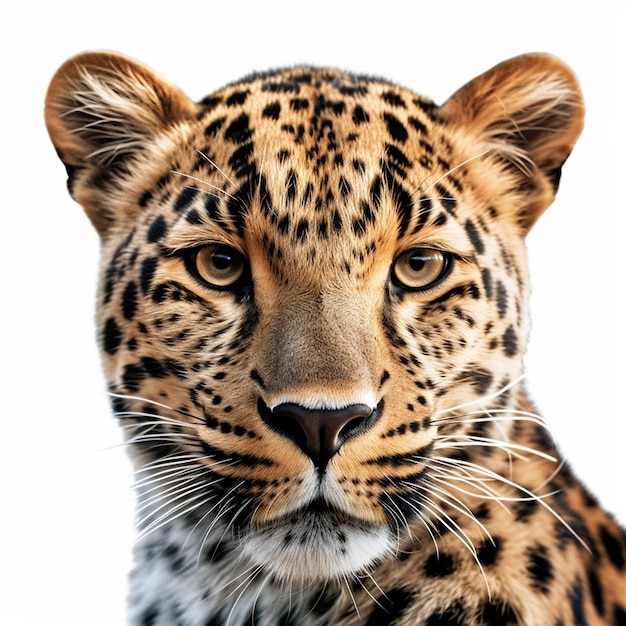 Um leopardo com nariz preto e fundo branco