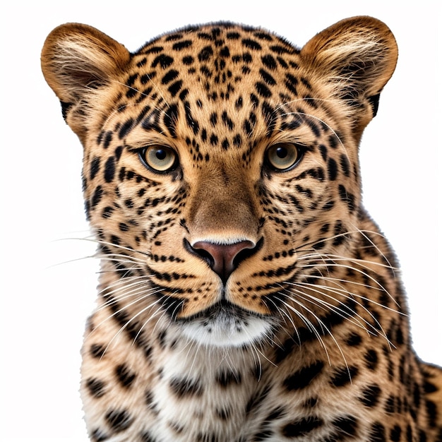 Um leopardo com nariz preto e olhos castanhos