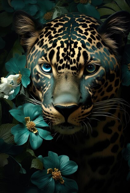 Foto um leopardo com olhos azuis e uma flor no fundo