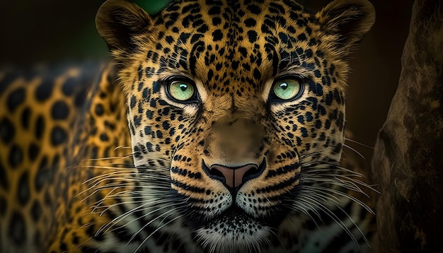 Um leopardo com olhos verdes é mostrado nesta imagem.