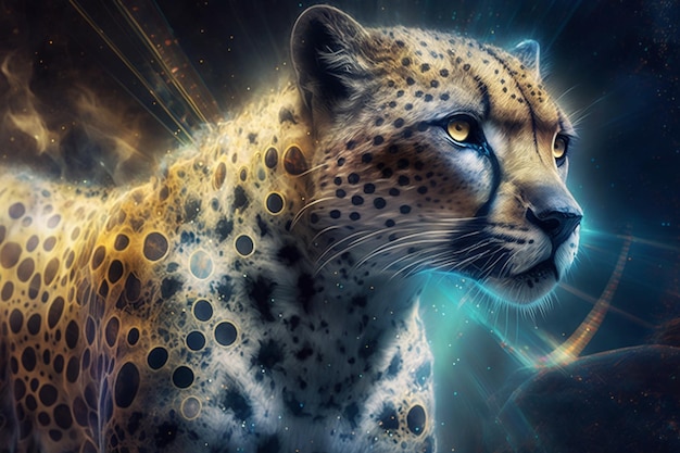 um leopardo com um fundo de estrelas e uma galáxia