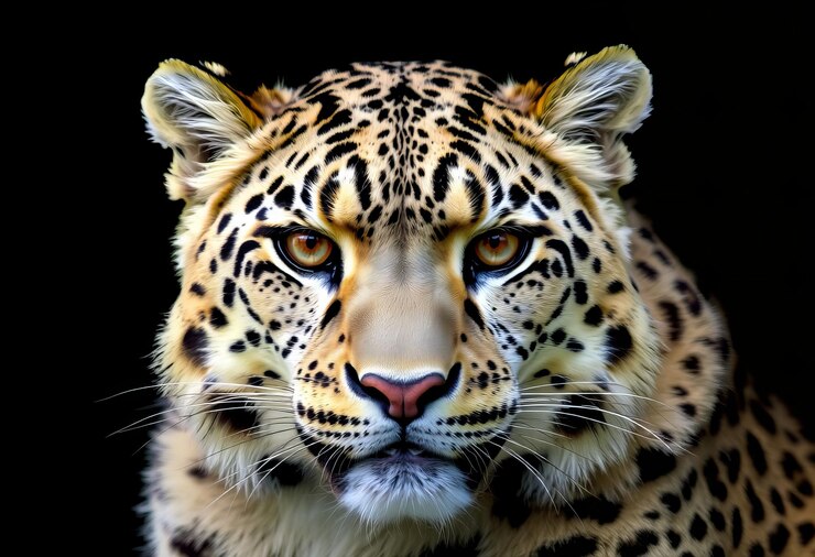 Foto um leopardo com um fundo preto que tem um leopardo em seu rosto