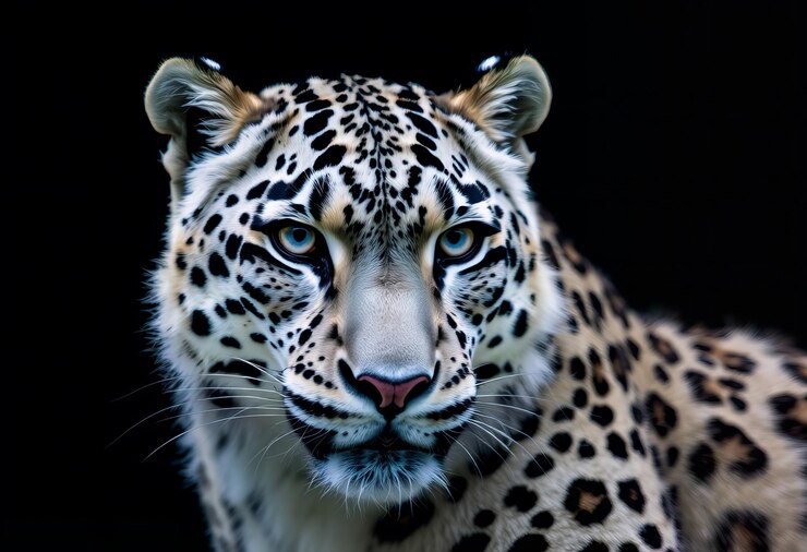 Foto um leopardo com um fundo preto que tem um leopardo em seu rosto