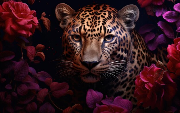 um leopardo com uma flor vermelha no fundo